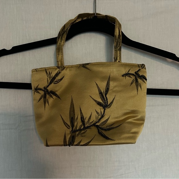 Handbags - Vintage Satin Beaded Bamboo leaf Handbag clutch small tote purse gold whimsical